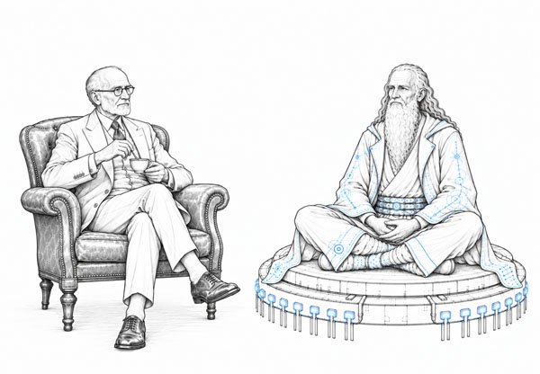 Der Quantenphilosoph und der Seelenleser, zwei Denker im stillen Dialog.