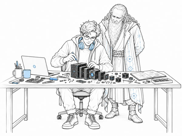 Quantenphilosoph und Systemhacker bei der Arbeit am Schreibtisch